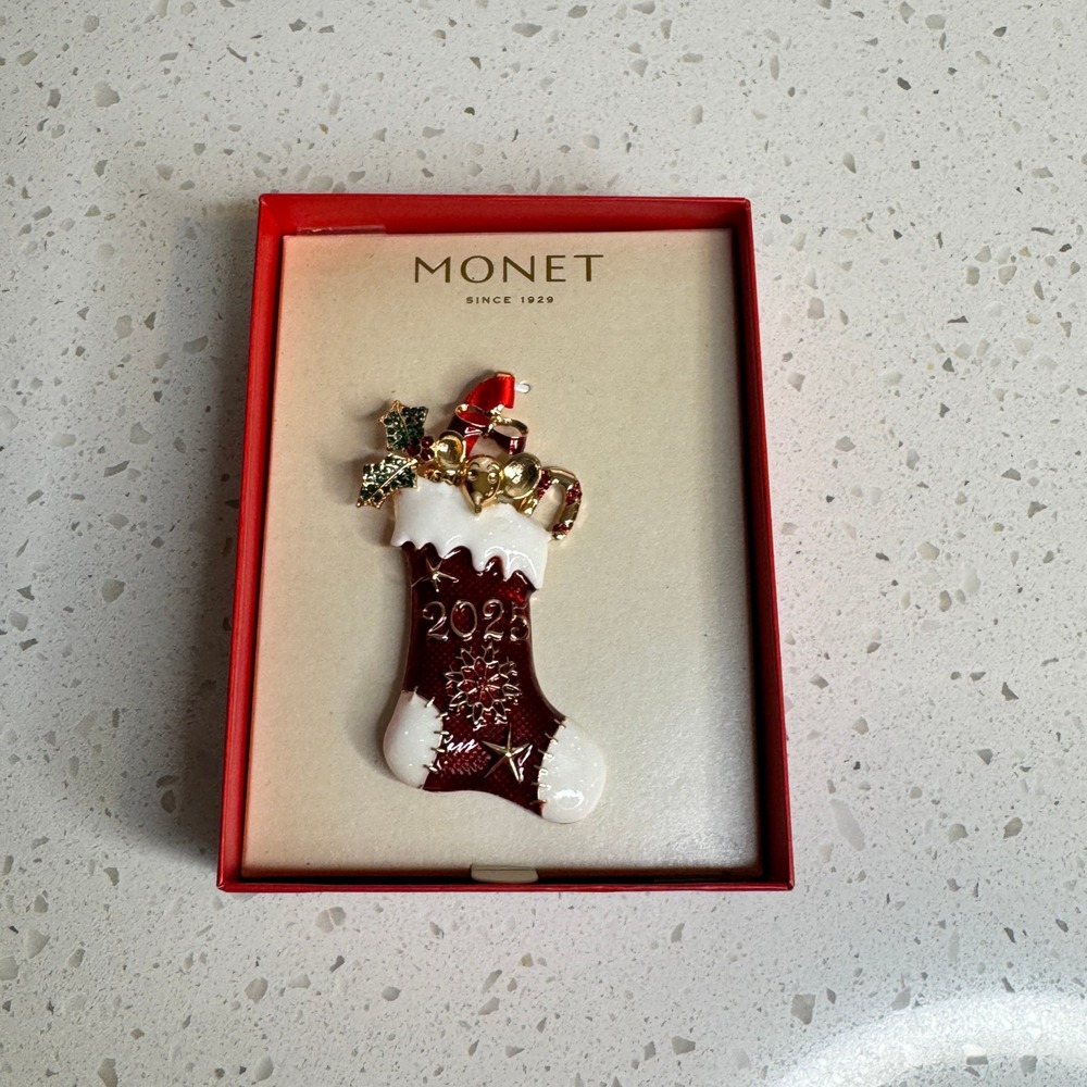 Monet 2025 Christmas Stocking Ornament Red Enamel‎ Mouse Candy Cane New in Box